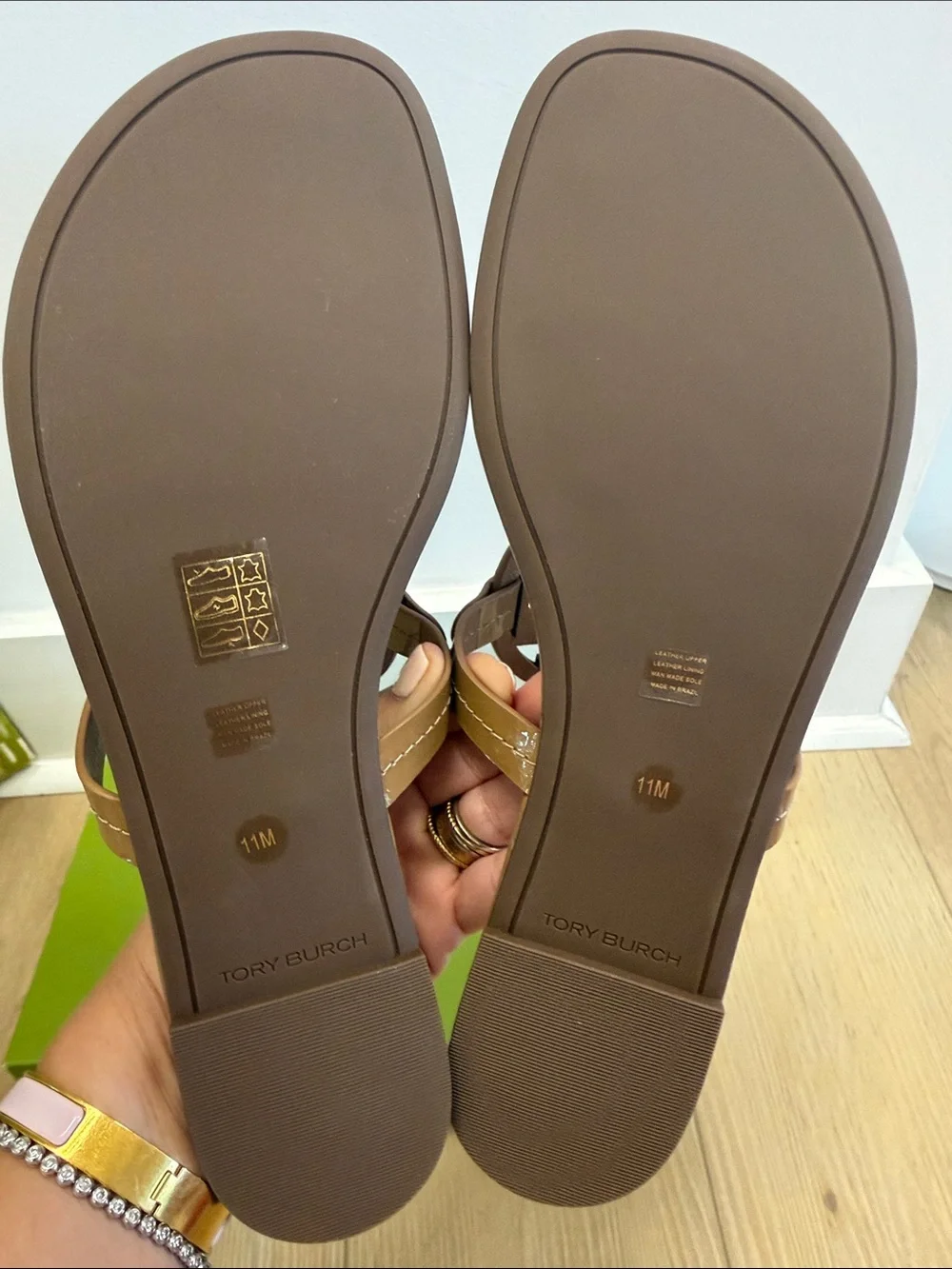 Tory Burch Tan Patent Leather Logo Thong Sandals